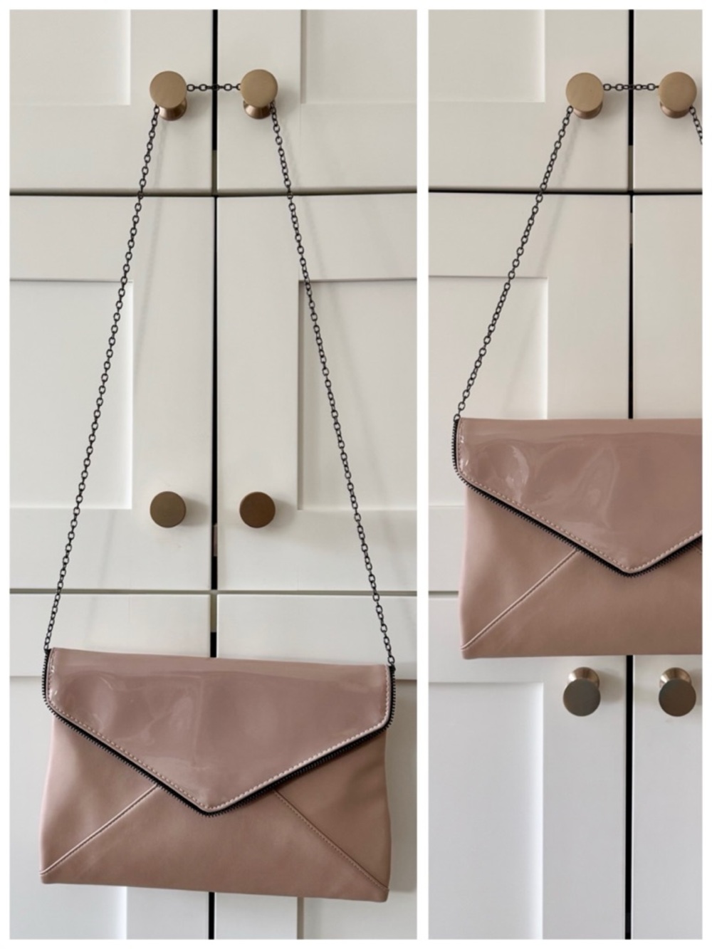 La Diva Nude Patent Leather Envelope Clutch Crossbody Bag | Gunmetal Hardware - Picture 15 of 17